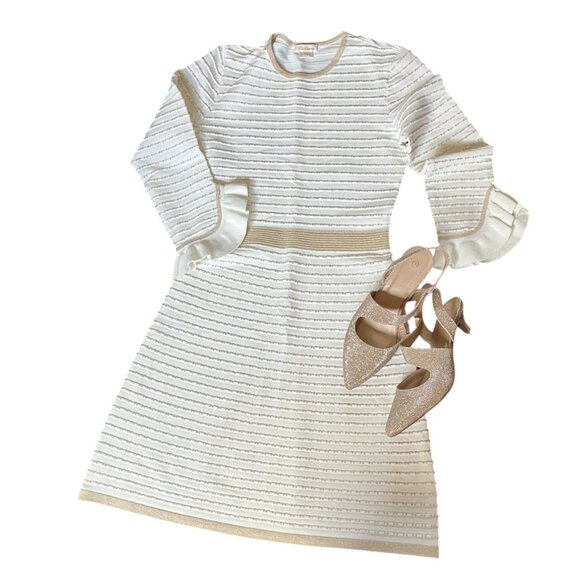 Shoshana Dress Women’s Size S Fine Knit 3/4 Ruffle Sleeve Cream &  Gold Dress - Picture 6 of 6